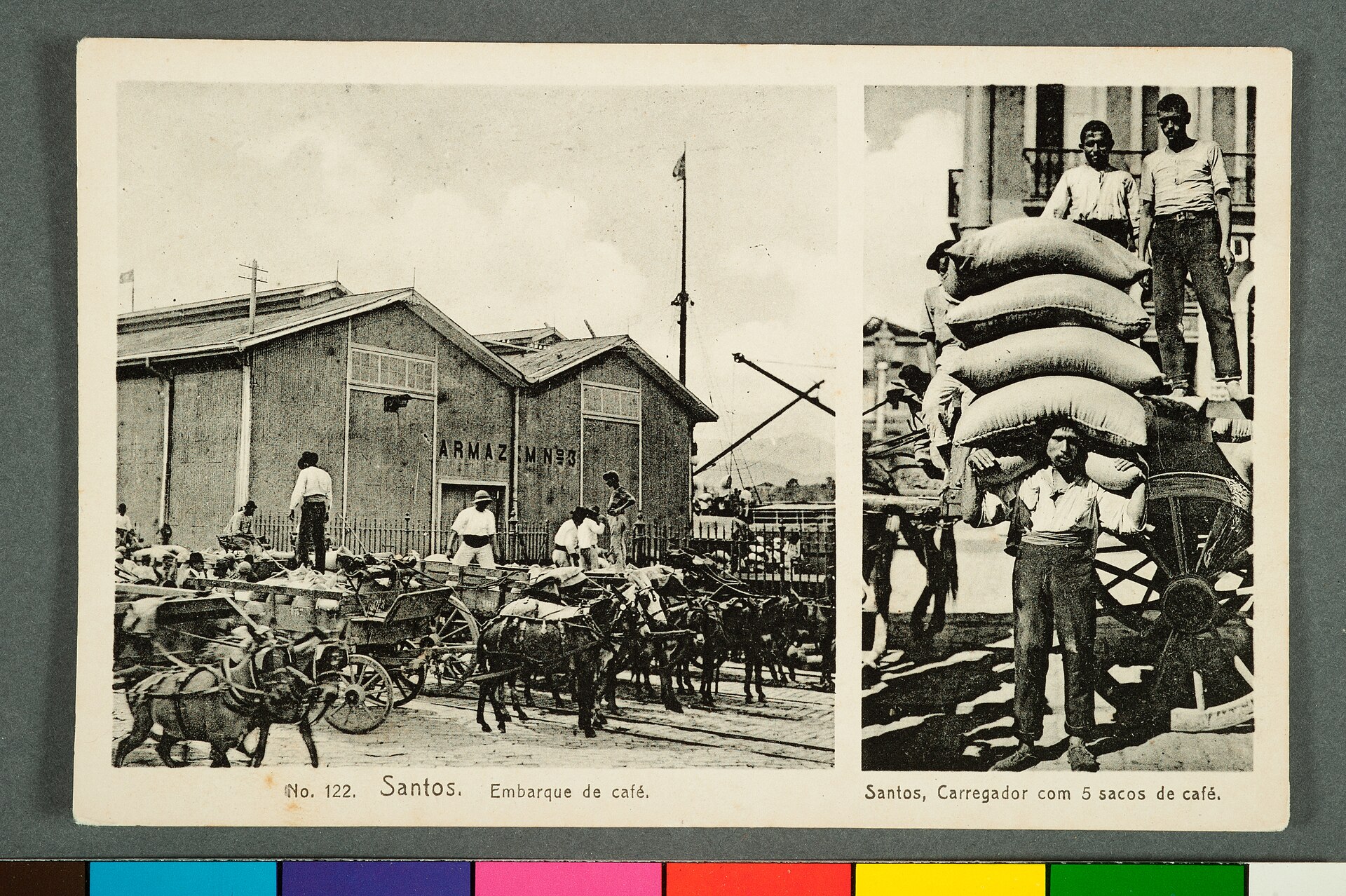 Imagem de referência de Nº 122. Santos. Embarque de Café. Santos, carregador com 5 sacos de Café, descrito nos dados abertos como item da Coleção Cartões Postais, no Museu Paulista