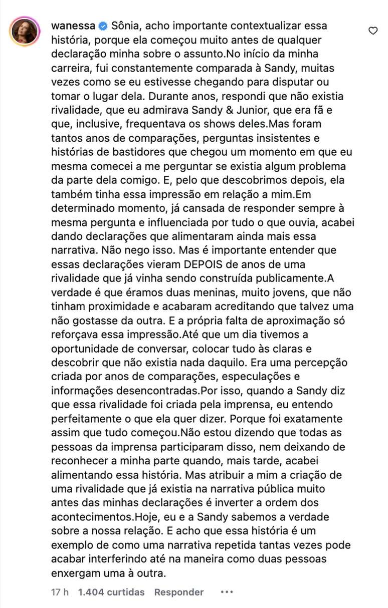Wanessa Camargo admite que alimentou rivalidade com Sandy e explica como tudo começou