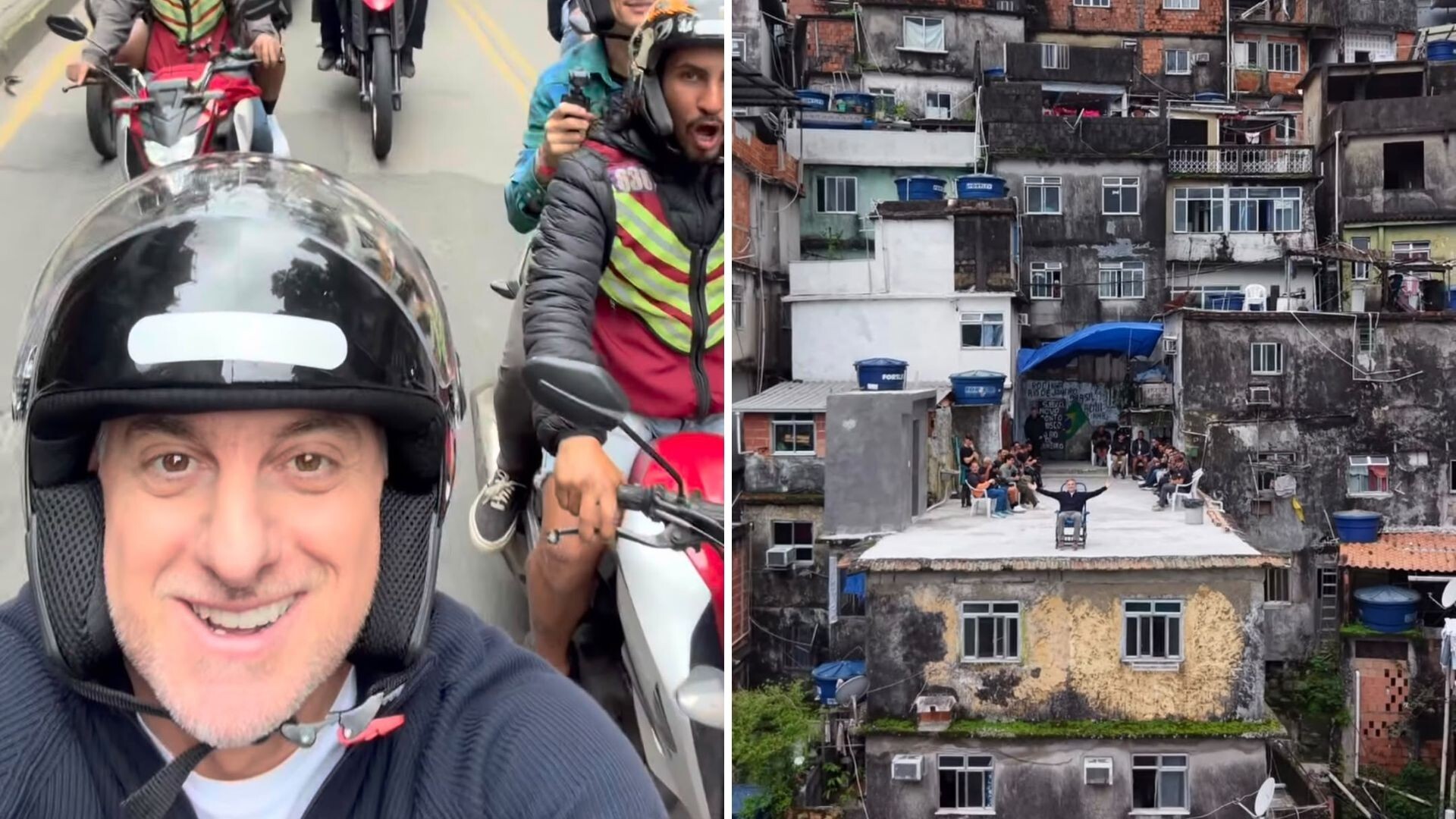 Luciano Huck grava na Rocinha e anda de mototáxi em visita à comunidade no Rio