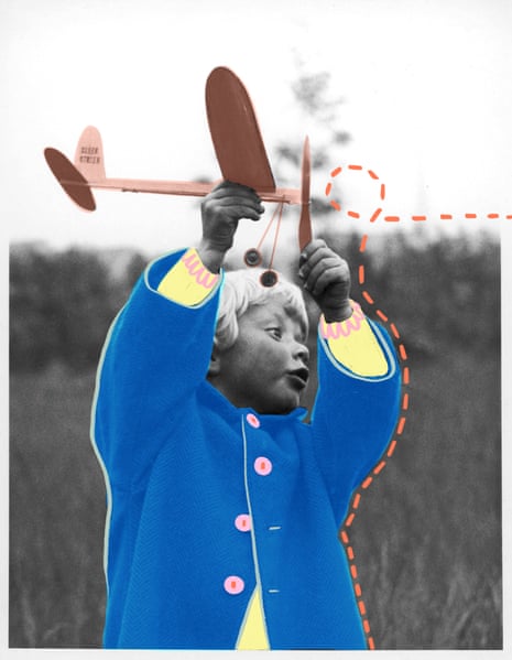 A collaged image shows a toddler in a blue coat holding up a toy airplane against the sky