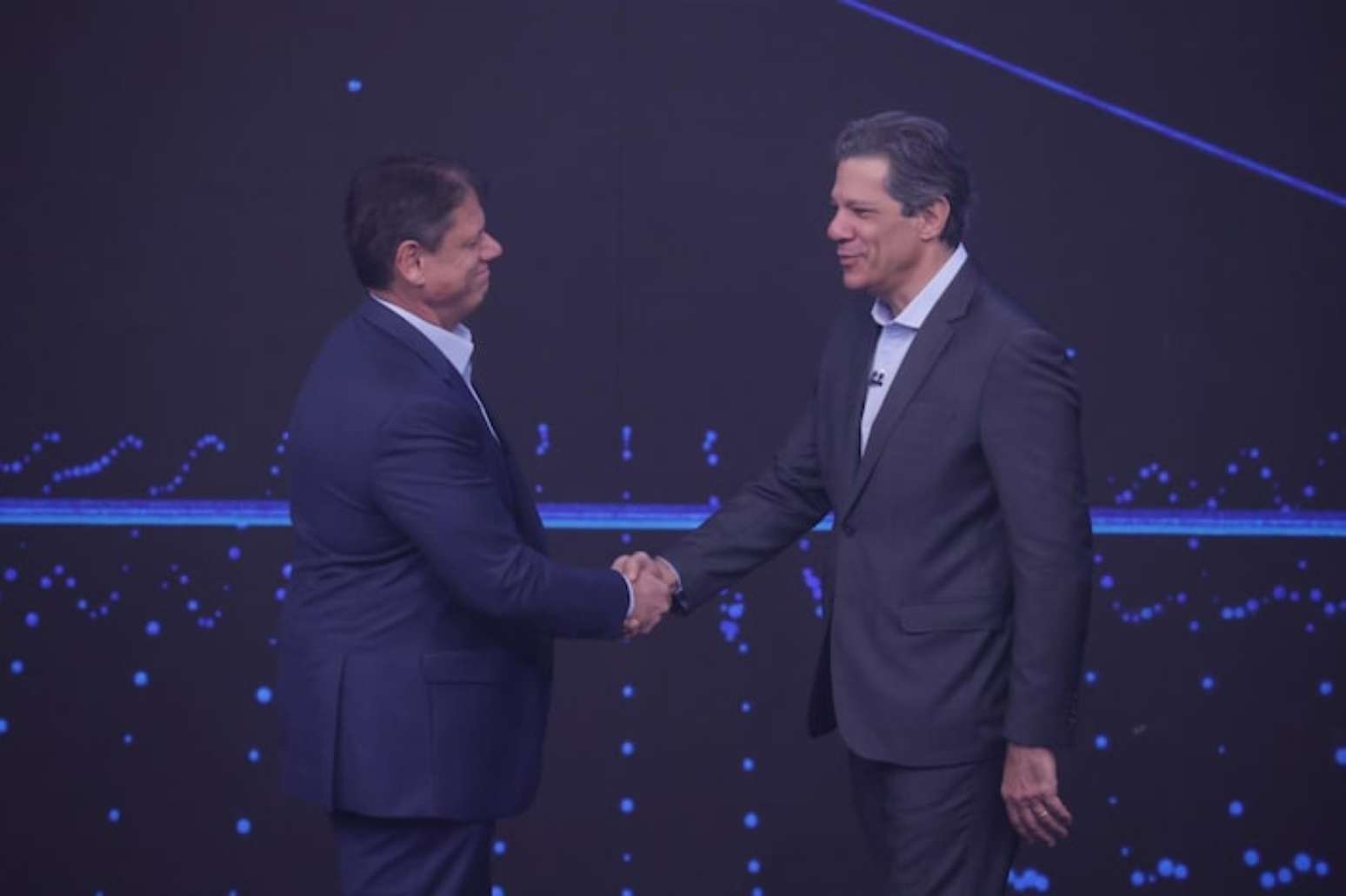 Tarc&iacute;sio Freitas (Republicanos) e Fernando Haddad (PT) durante debate da Bandeirantes