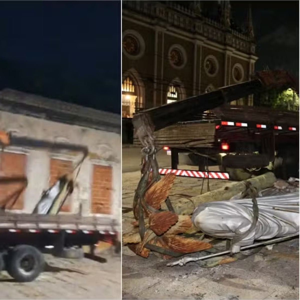 Vídeo: estátua da Sagrada Família despenca de guincho e quebra durante reforma de prédio histórico