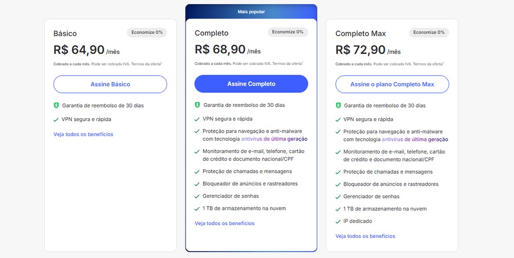 NordVPN vende três pacotes, com preço menor quanto mais longa a assinatura — Foto: Reprodução/NordVPN