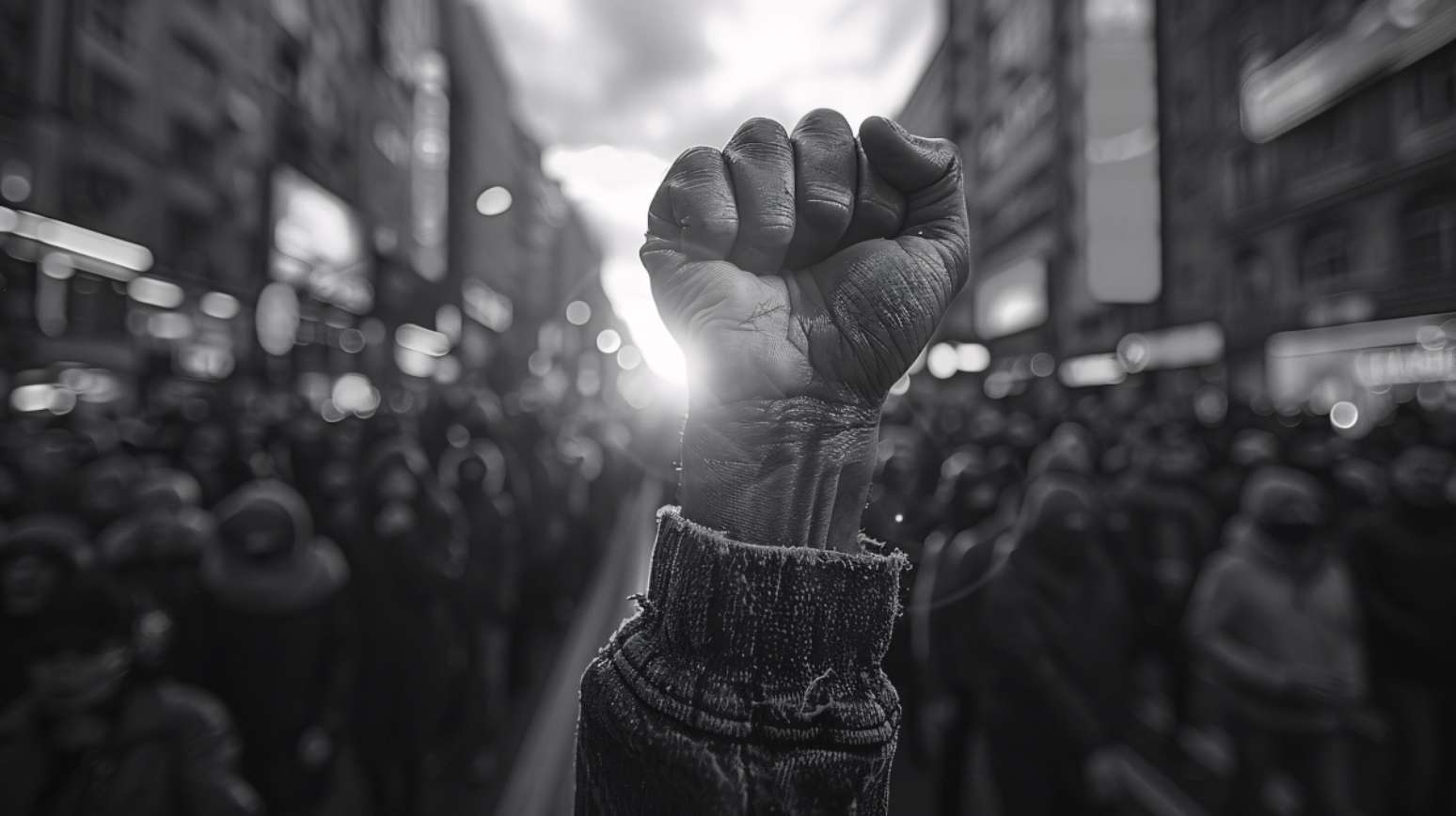 Imagem mostra punho de uma pessoa negra levantado, com a m&atilde;o fechada. Atr&aacute;s, uma multid&atilde;o.
