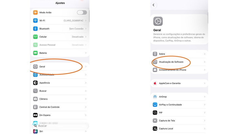 iPhone permite conferir a versão instalada e as atualizações disponíveis pelo menu de Ajustes — Foto: Reprodução/Apple