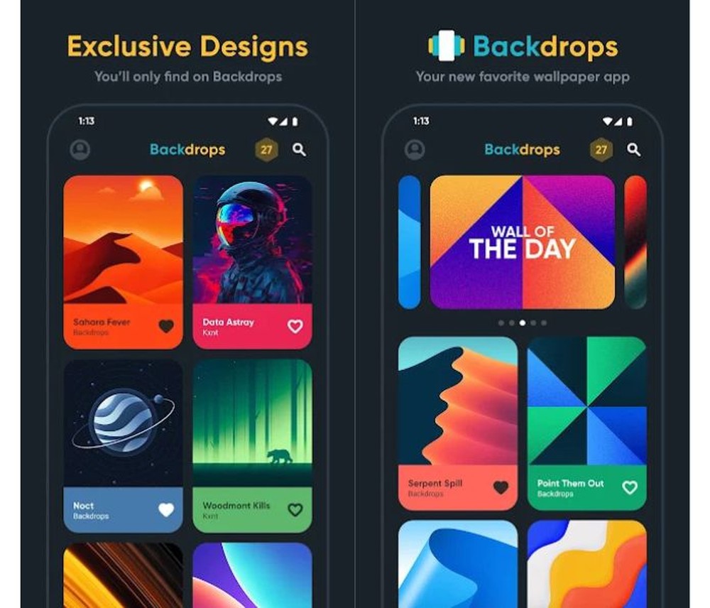 Quem prefere ilustrações e fundos criados especificamente para serem usados no celular encontra uma proposta diferente no Backdrops — Foto: Reprodução/Google Play Store