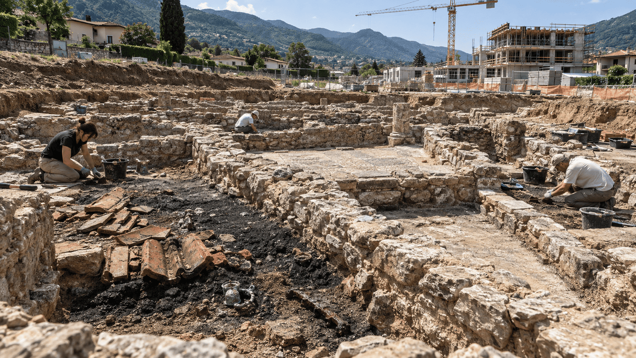 Uma obra residencial começou a escavar o terreno e encontrou uma construção romana de quase 2.000 anos: o telhado desabou durante um incêndio e deixou carvão, tijolos e resíduos de metal preservados no local