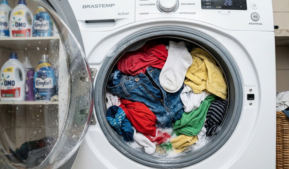 Não é recomendado colocar jeans com outas roupas na máquina de lavar — Foto: Francisco Paulo/Nano Banana Pro 2