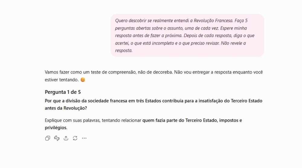 IA pode ser utilizada para testar conhecimentos de forma interativa — Foto: Reprodução/Júlia Silveira