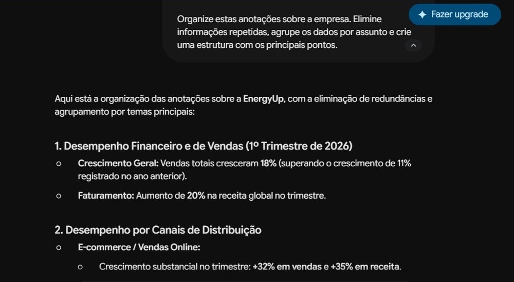 Gemini revisou o conteúdo e separou os pontos por assunto, criando uma estrutura base — Foto: Diedrich Bader/TechTudo