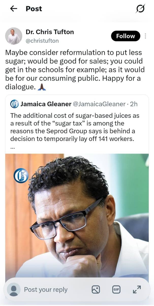 Tufton convida CEO da Seprod para conversas após preocupações com o imposto sobre açúcar forçarem demissões temporárias