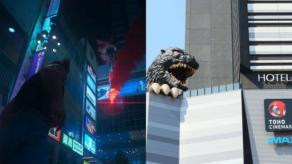 Marvel's Wolverine tem uma versão adaptada do famoso Hotel Gracery Shinjuku, trocando a cabeça de Godzilla pelo que parece ser o personagem Devil Dinosaur — Foto: Reprodução/Games Radar, Travel Weekly