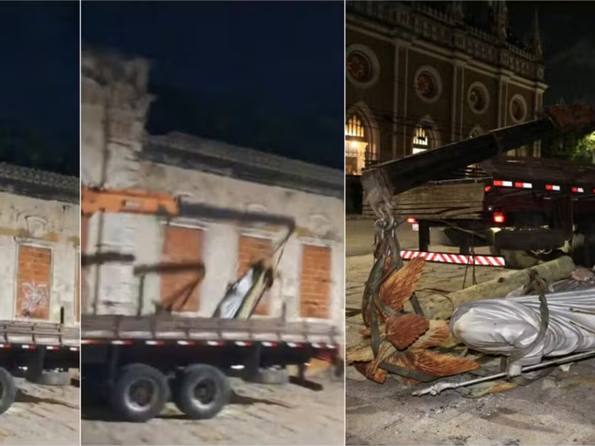 Vídeo: estátua da Sagrada Família despenca de guincho e quebra durante reforma de prédio histórico