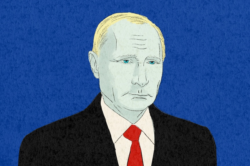 An illustration of Vladimir Putin with a blue tinge to hsi face, blue background, in a black suit with red tie