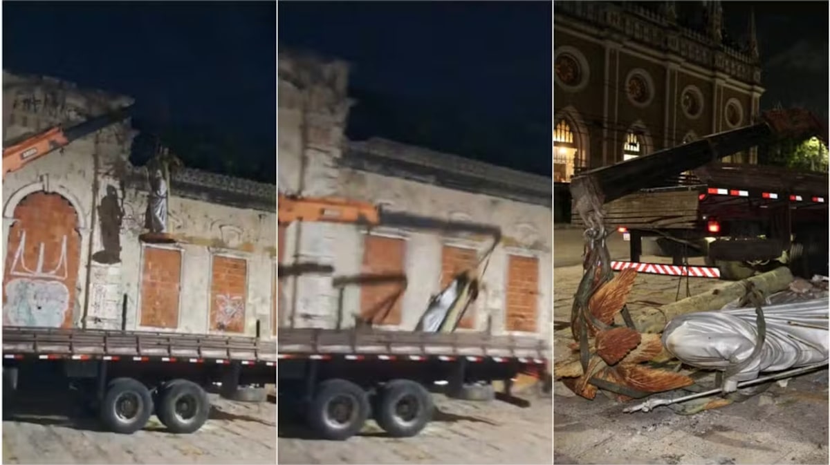 Vídeo: estátua da Sagrada Família despenca de guincho e quebra durante reforma de prédio histórico