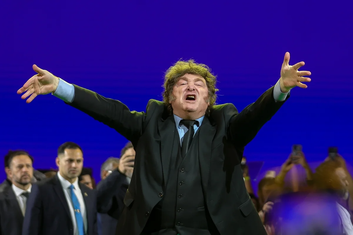 O presidente argentino Javier Milei participa da convenção nacional do Partido Liberal (PL) na Mercado Livre Arena Pacaembu, em São Paulo, Brasil, em 25 de julho de 2026.