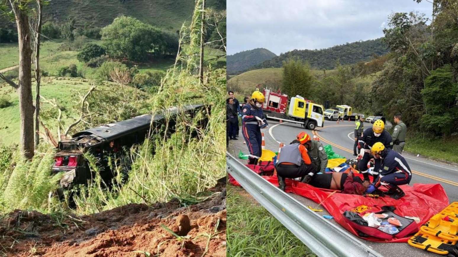 Acidente envolvendo um &ocirc;nibus e um autom&oacute;vel no km 232,6 da Rodovia Doutor Avelino J&uacute;nior, em Cruzeiro
