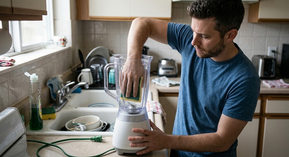 Homem cometendo erro ao limpar o liquidificador — Foto: Imagem gerada por IA
