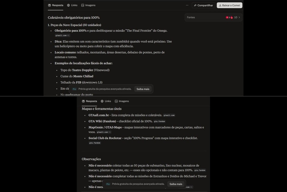 O Perplexity, além de indicar os coletáveis do game GTA 5, indicou wikis e guias da comunidade para verificar melhor cada informação — Foto: Diedrich Bader/TechTudo