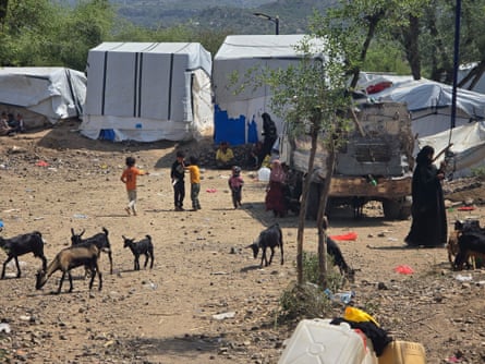 Goats and children walk on dry ground between tents