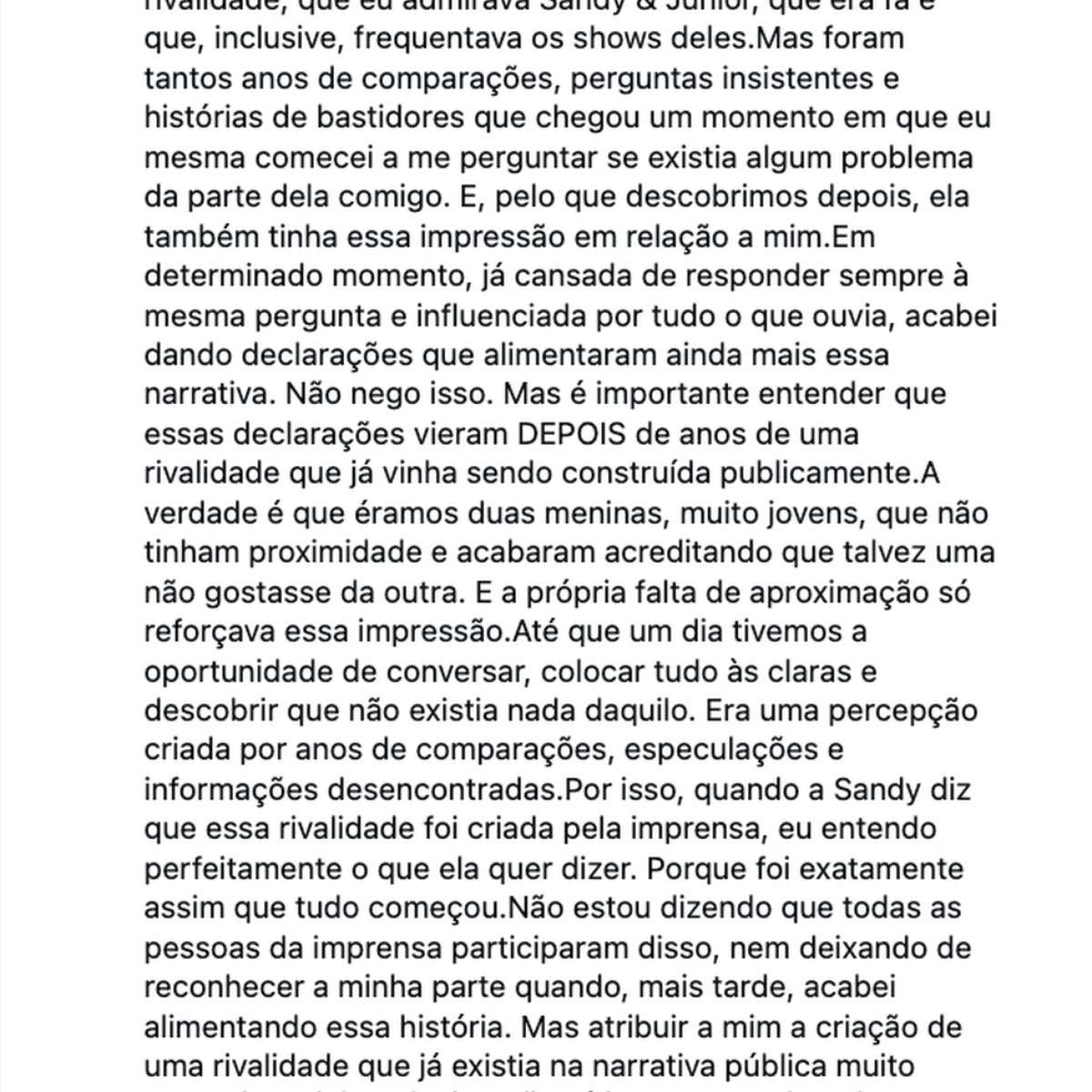 Wanessa Camargo admite que alimentou rivalidade com Sandy e explica como tudo começou