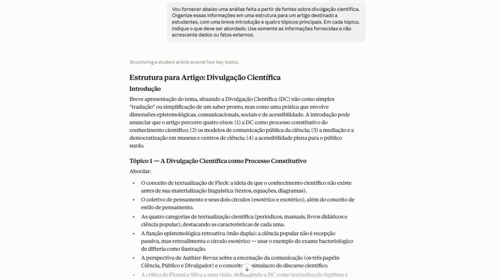 Artigo produzido pelo Claude a partir das respostas do NotebookLM — Foto: Reprodução/Júlia Silveira