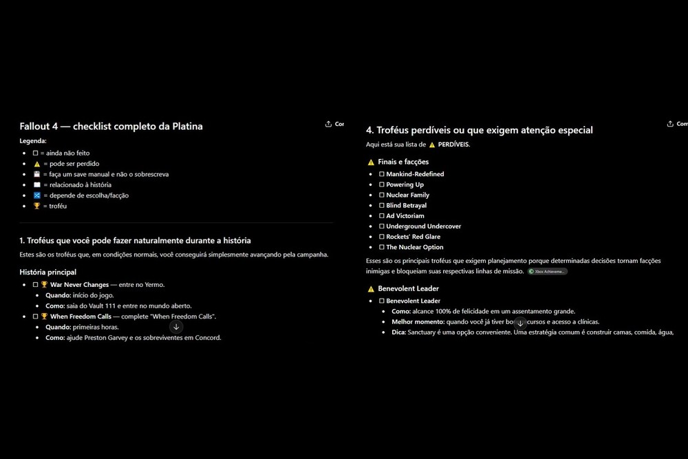 ChatGPT criou uma checklist completa para uma platina do game Fallout 4 — Foto: Diedrich Bader/TechTudo