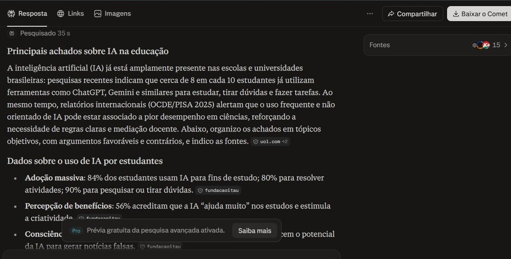 Pesquisa inicial, informações e fontes encontradas pelo Perplexity — Foto: Diedrich Bader/TechTudo