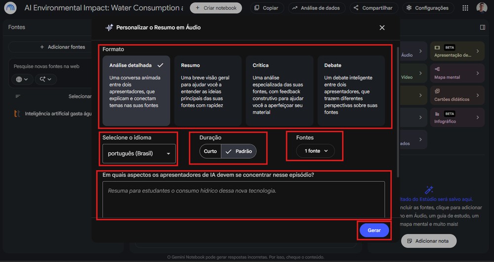Configure o Gemini Notebook antes de gerar o podcast — Foto: Reprodução/Gabriel Pereira