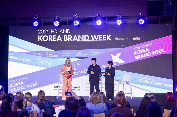 Studio Dragon Chief Producer Kim Tae-hoon, center, leads a talk session on 'The Legend of Kitchen Soldier' during the 2026 Korea-Poland Brand Week in Poland, Wednesday. Courtesy of CJ ENM