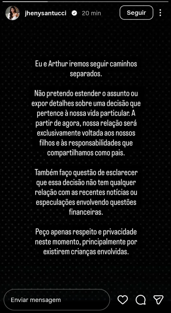 Fãs reagem após Jheny Santucci confirmar término com Arthur Aguiar