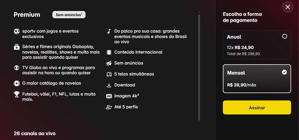 Valores do Plano Premium do Globoplay pós reajuste. — Foto: Reprodução/Globoplay