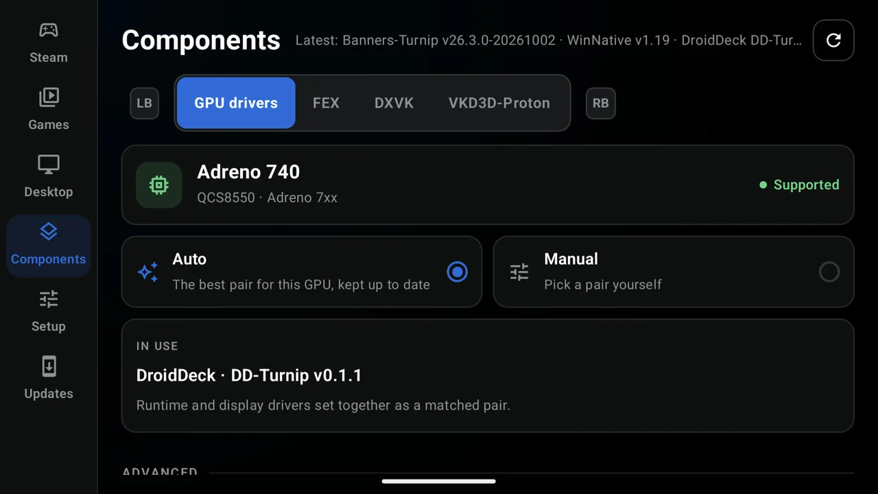 GPU drivers tab set to Auto with a Turnip driver build in use