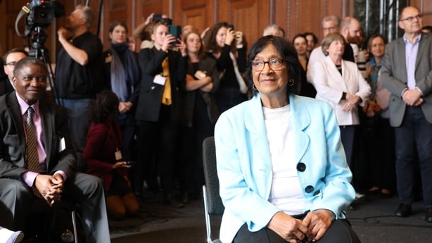 South African lawyer and champion of international law Navi Pillay is pictured after she was awarded the 2026 Nobel Peace Prize, on October 9, 2026 at the historic Courtroom 600 of Nuremberg's Palace of Justice, venue of the 1945-1946 Nuremberg Trials against leaders of defeated Nazi Germany, in Nur