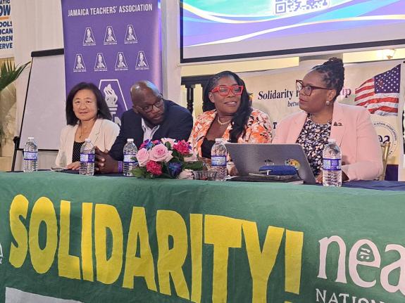 From left: Helen Li, senior staff member at the United States-based National Education Association’s (NEA) international relations office; Mark Malabver, immediate past president of the Jamaica Teachers’ Association (JTA); Maureen Mullings-Nelson, the