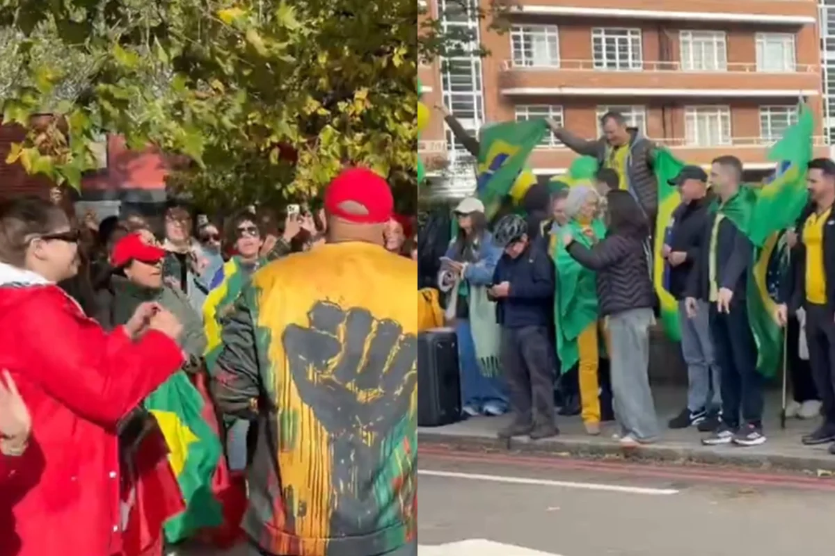Montagem de imagens mostram apoiadores de Lula e Flavio Bolsonaro em Londres - Metrópoles