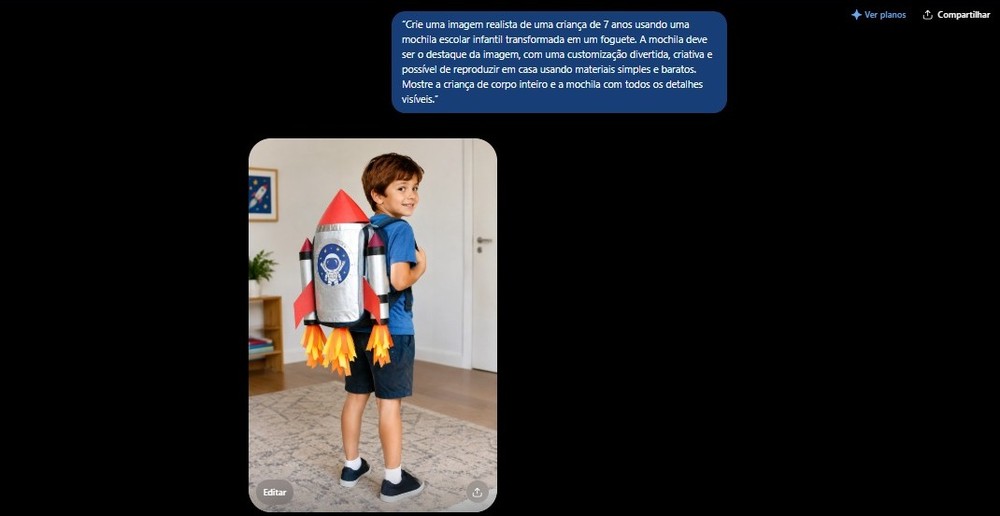 Imagem gerada pelo ChatGPT mostra criança usando mochila foguete — Foto: Diedrich Bader/TechTudo