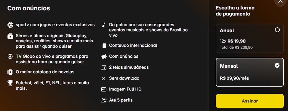 Novos valores do Plano Sem Anúncios do Globoplay. — Foto: Reprodução/Globoplay