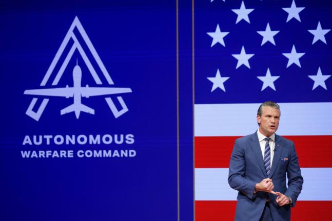 Secretary of Defence Pete Hegseth gives a State of the Force address at Marine Corps Base Quantico, Wednesday, in Quantico, Virgina.