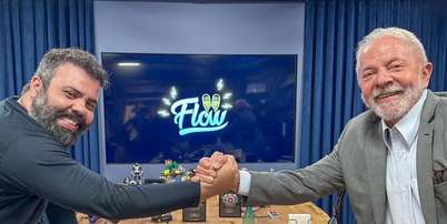 Lula com Igor Coelho na entrevista no 'Flow' &agrave;s v&eacute;speras do 1&ordm; turno em 2022 Foto: Reprodu&ccedil;&atilde;o