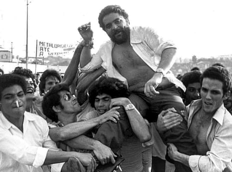 Luiz Inacio “Lula” da Silva in 1979 being lifted by metalworker colleagues after a union rally near Sao Paulo, Brazil.