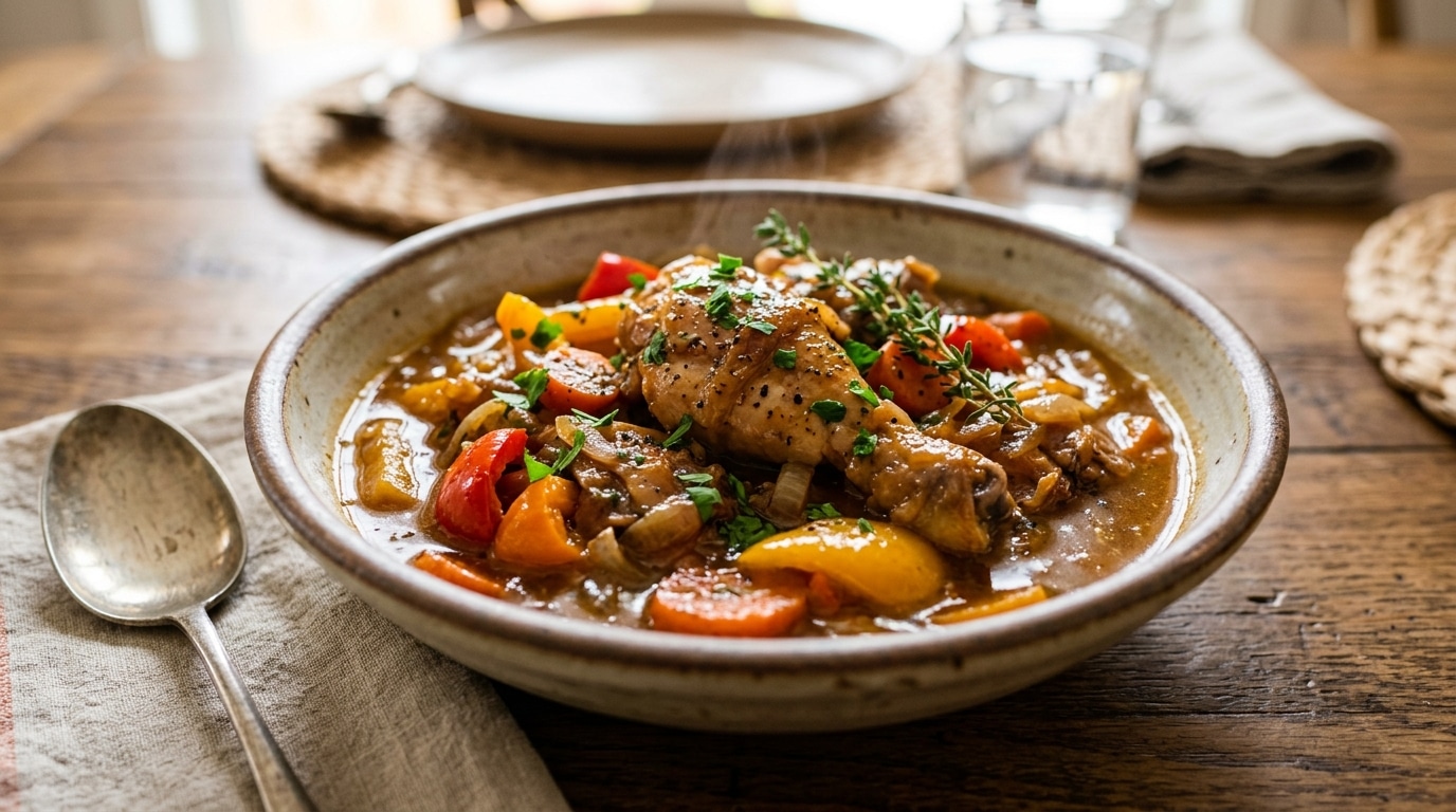 Fim do frango seco do domingo: cozido lentamente com os últimos pimentos da estação, ele derrete na língua e leva as papilas gustativas ao País Basco