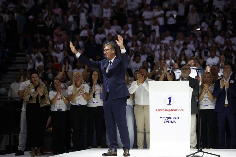 Serbia's former president Aleksandar Vucic gestures during a rally of the ruling Serbian Progressive Party (SNS) ahead of the parliamentary election in Belgrade, Serbia, October 3, 2026. REUTERS/Zorana Jevtic
