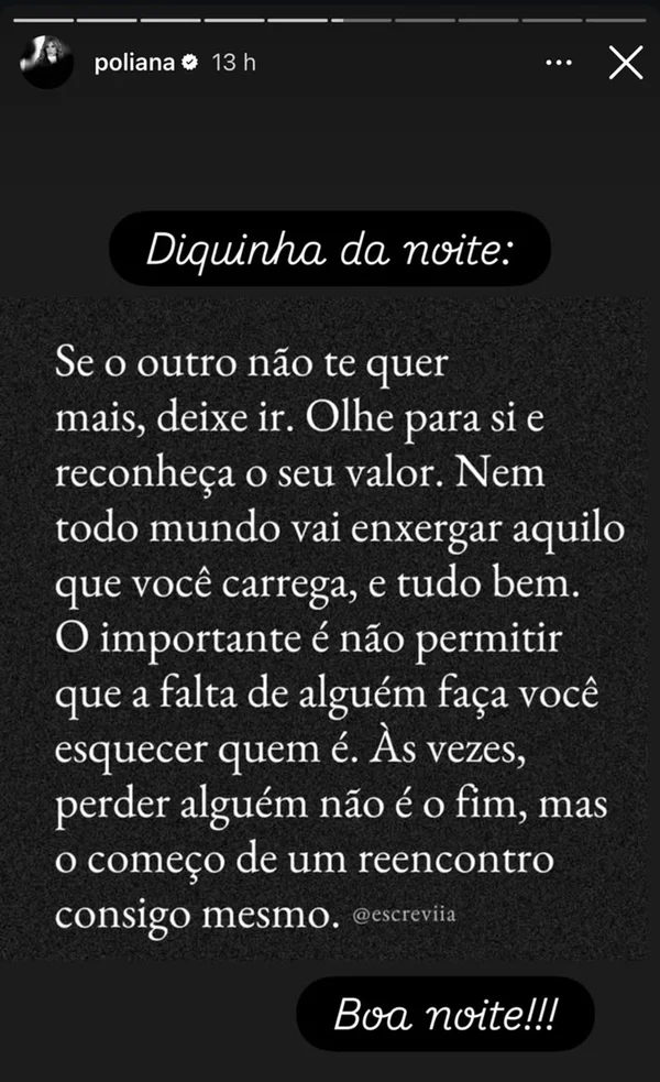 Poliana faz post sobre “deixar ir” após término de Virginia e Vini Jr. - destaque galeria