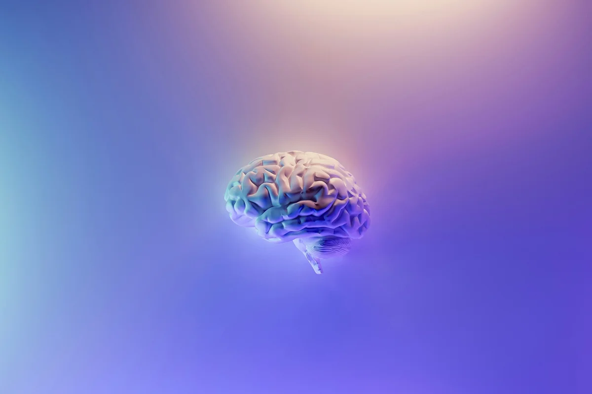Renderização cerebral iridescente sobre fundo azul roxo. Cérebro. Metrópoles